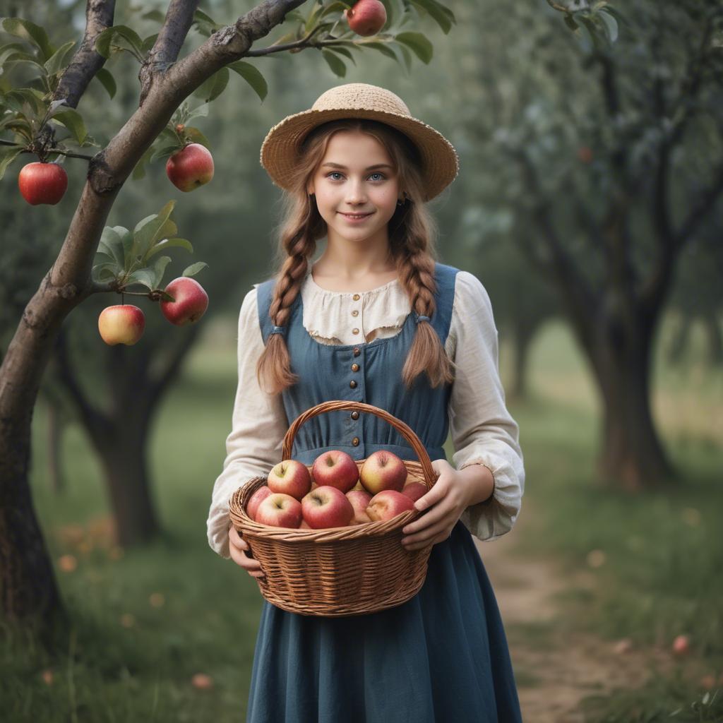 A stunning image of charming rural girl holding a basket of apples.