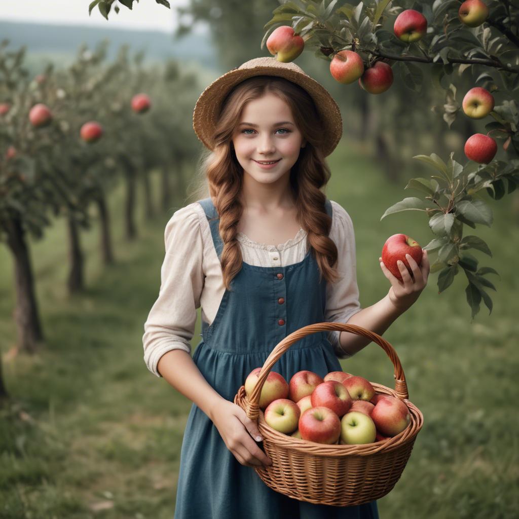 A stunning image of charming rural girl holding a basket of apples.