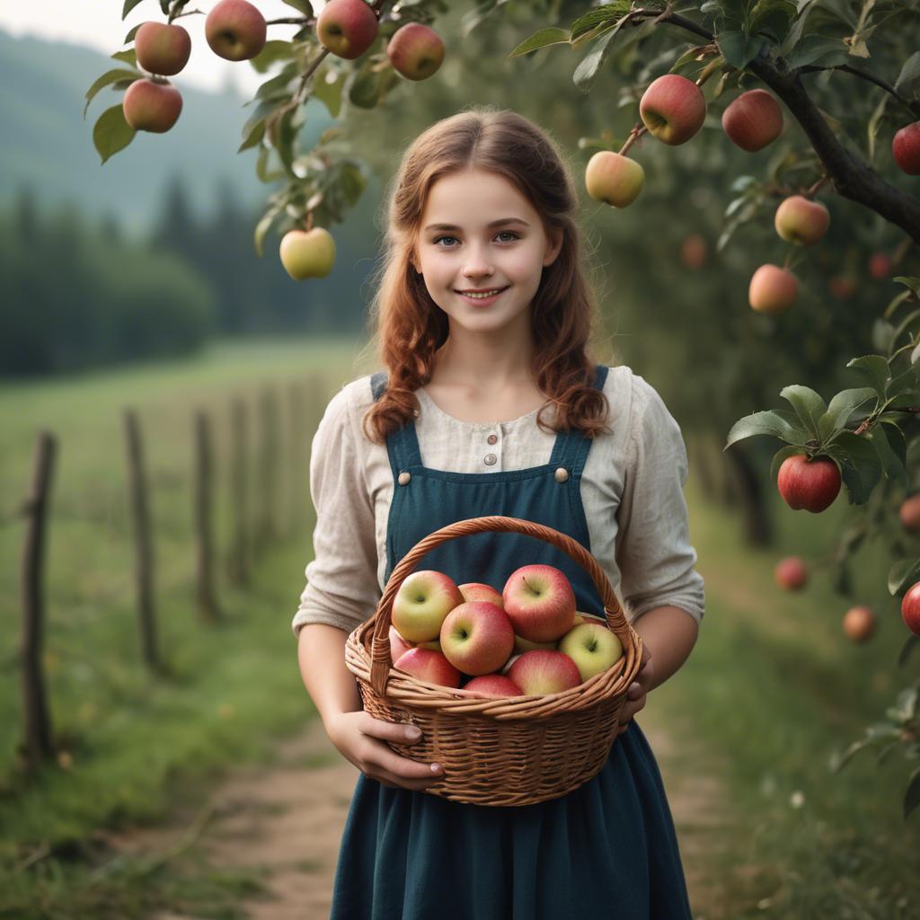 A stunning image of charming rural girl holding a basket of apples.