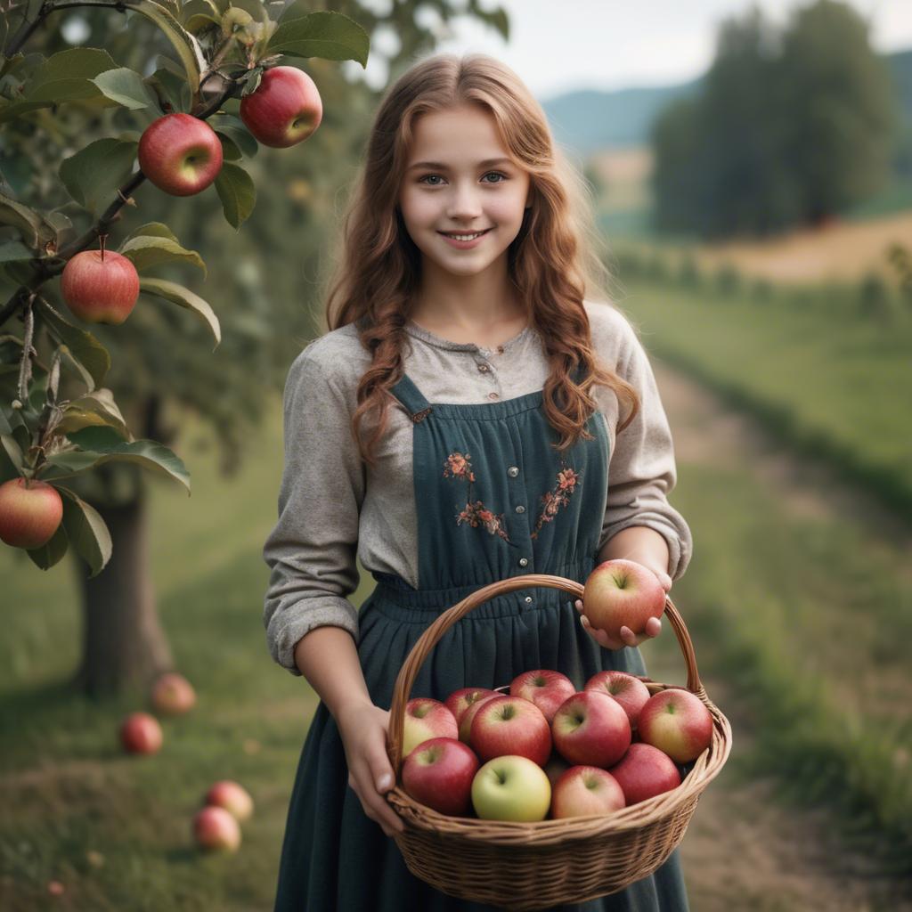 A stunning image of charming rural girl holding a basket of apples.