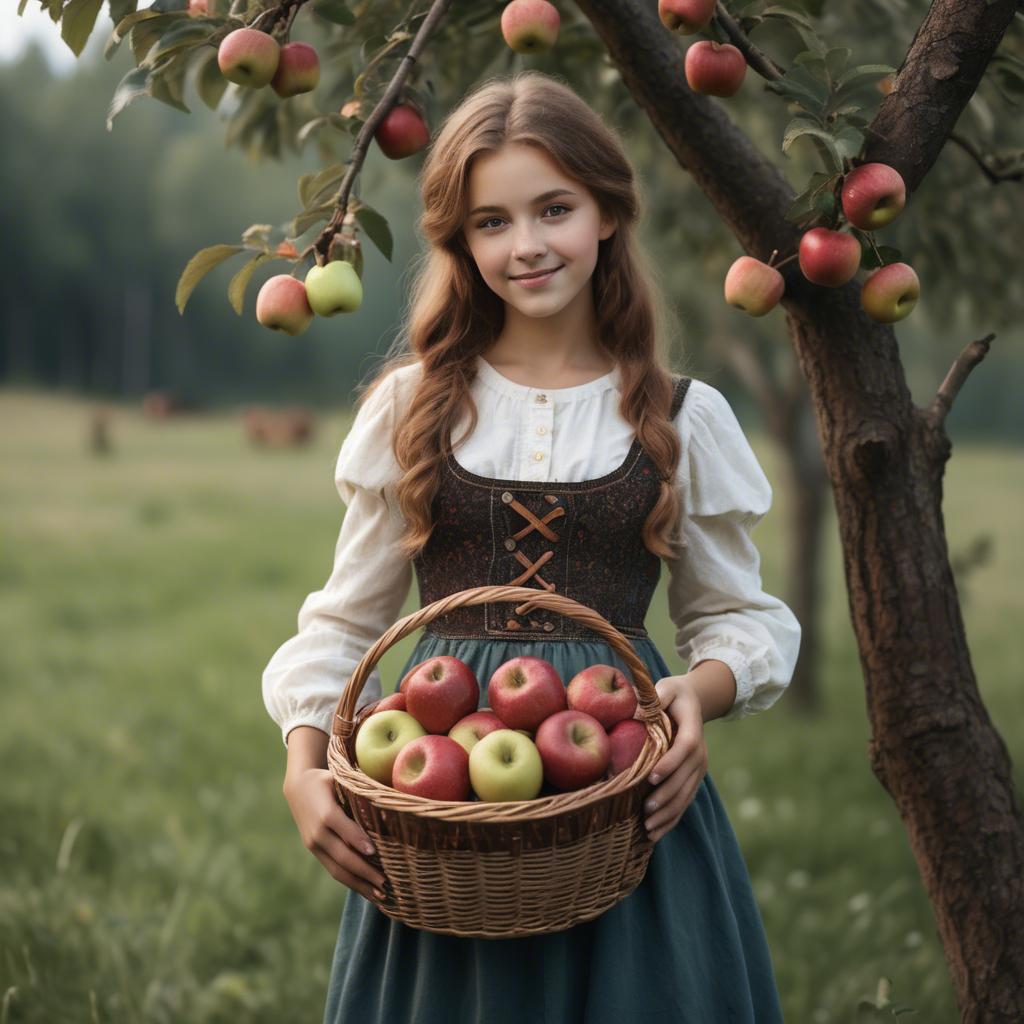 A stunning image of charming rural girl holding a basket of apples.