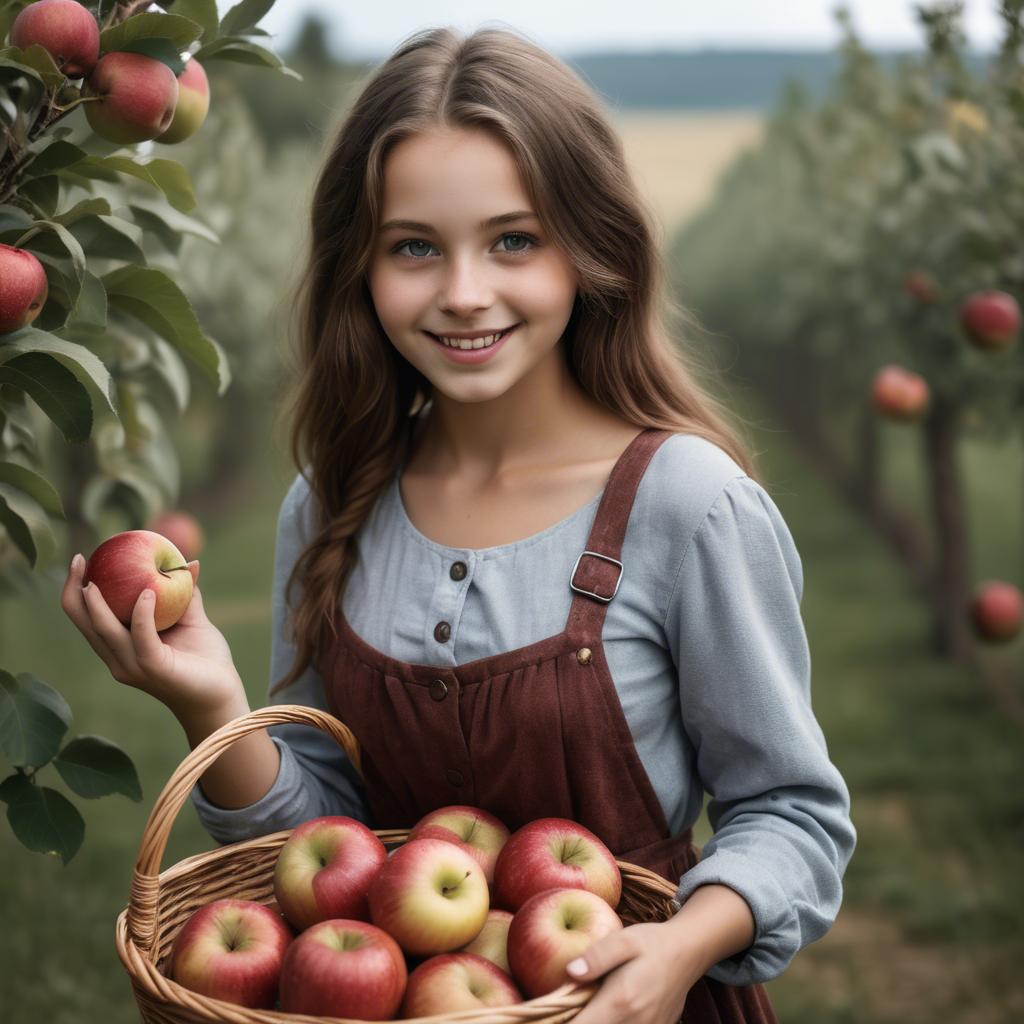 A stunning image of charming rural girl holding a basket of apples.