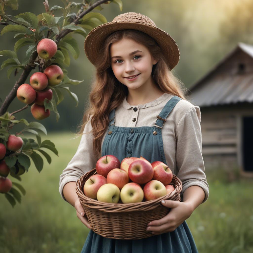 A stunning image of charming rural girl holding a basket of apples.