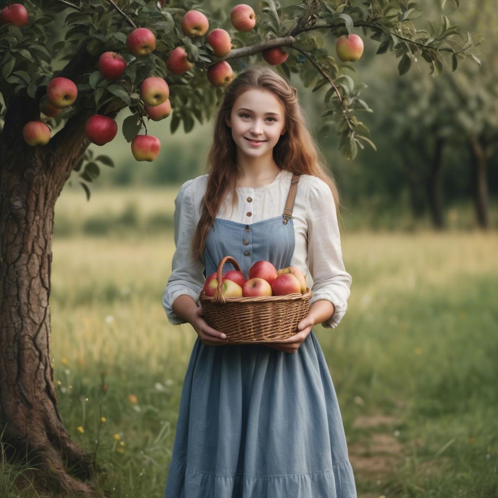 A stunning image of charming rural girl holding a basket of apples.