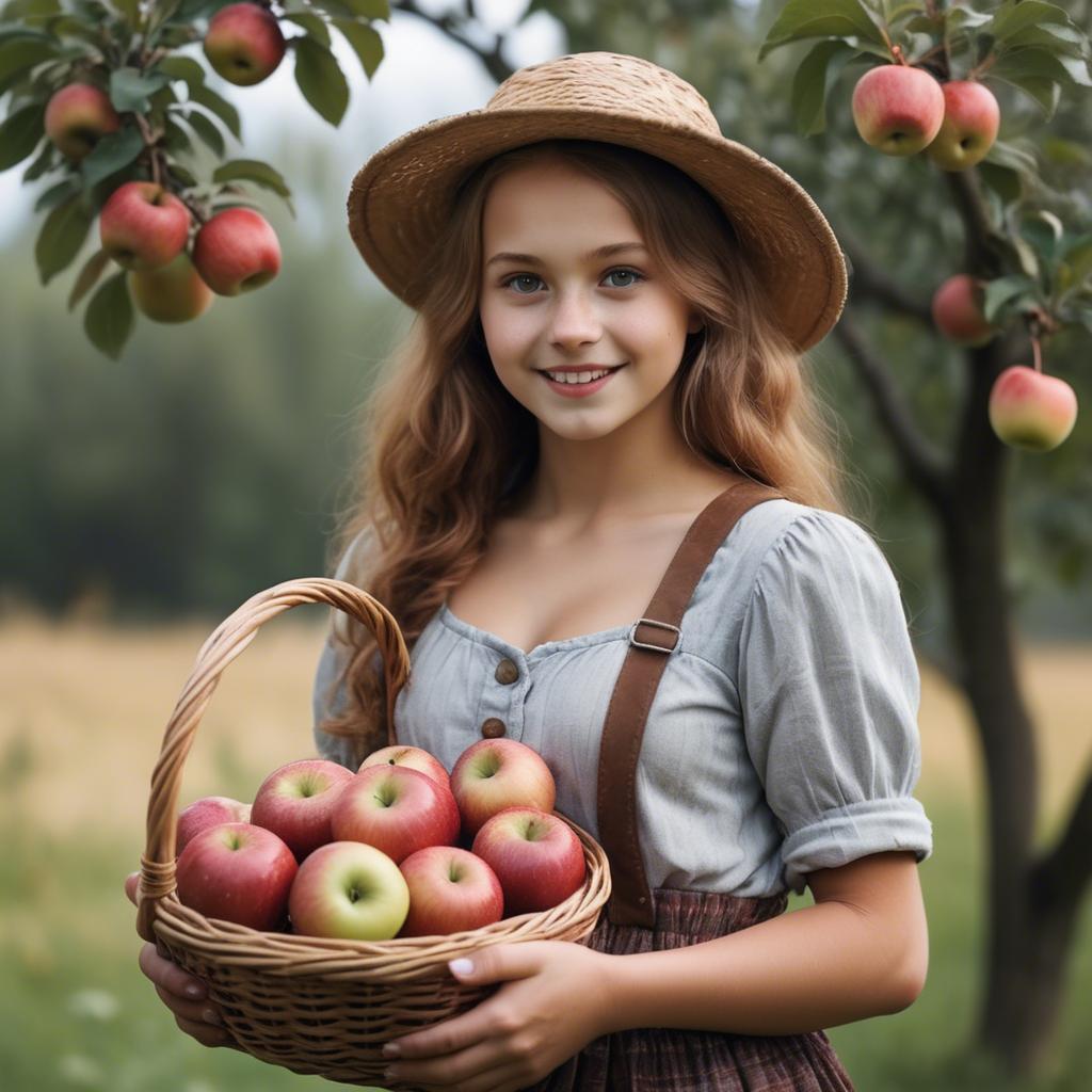 A stunning image of charming rural girl holding a basket of apples.