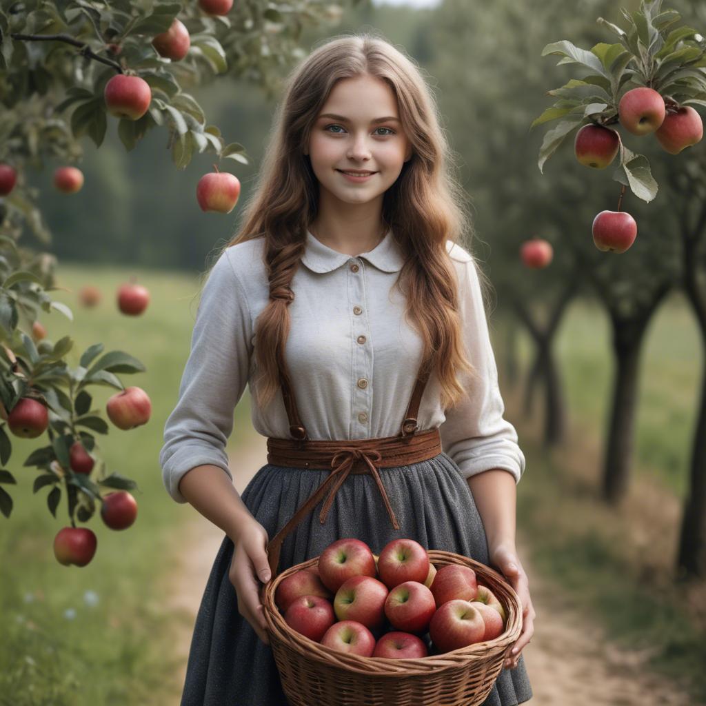 A stunning image of charming rural girl holding a basket of apples.