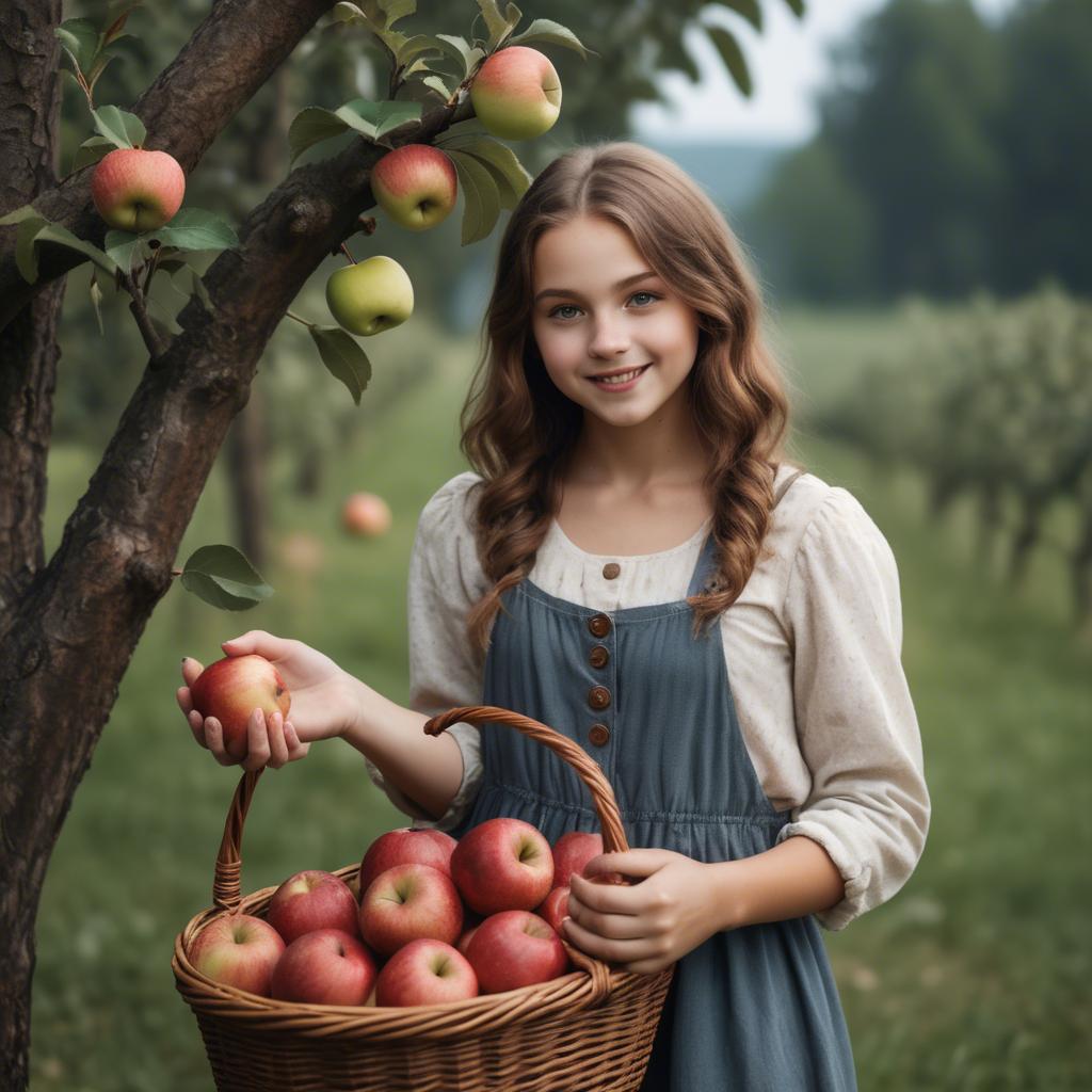 A stunning image of charming rural girl holding a basket of apples.