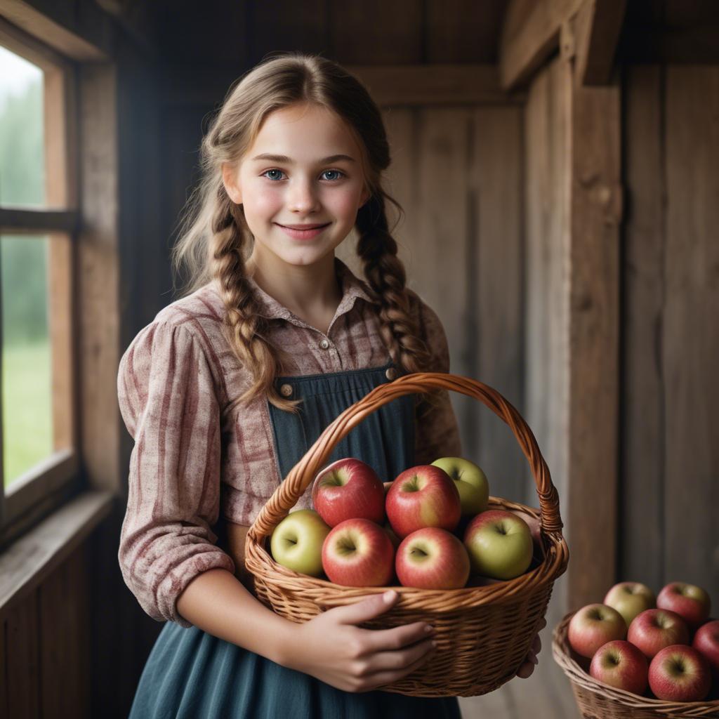 A stunning image of charming rural girl holding a basket of apples.