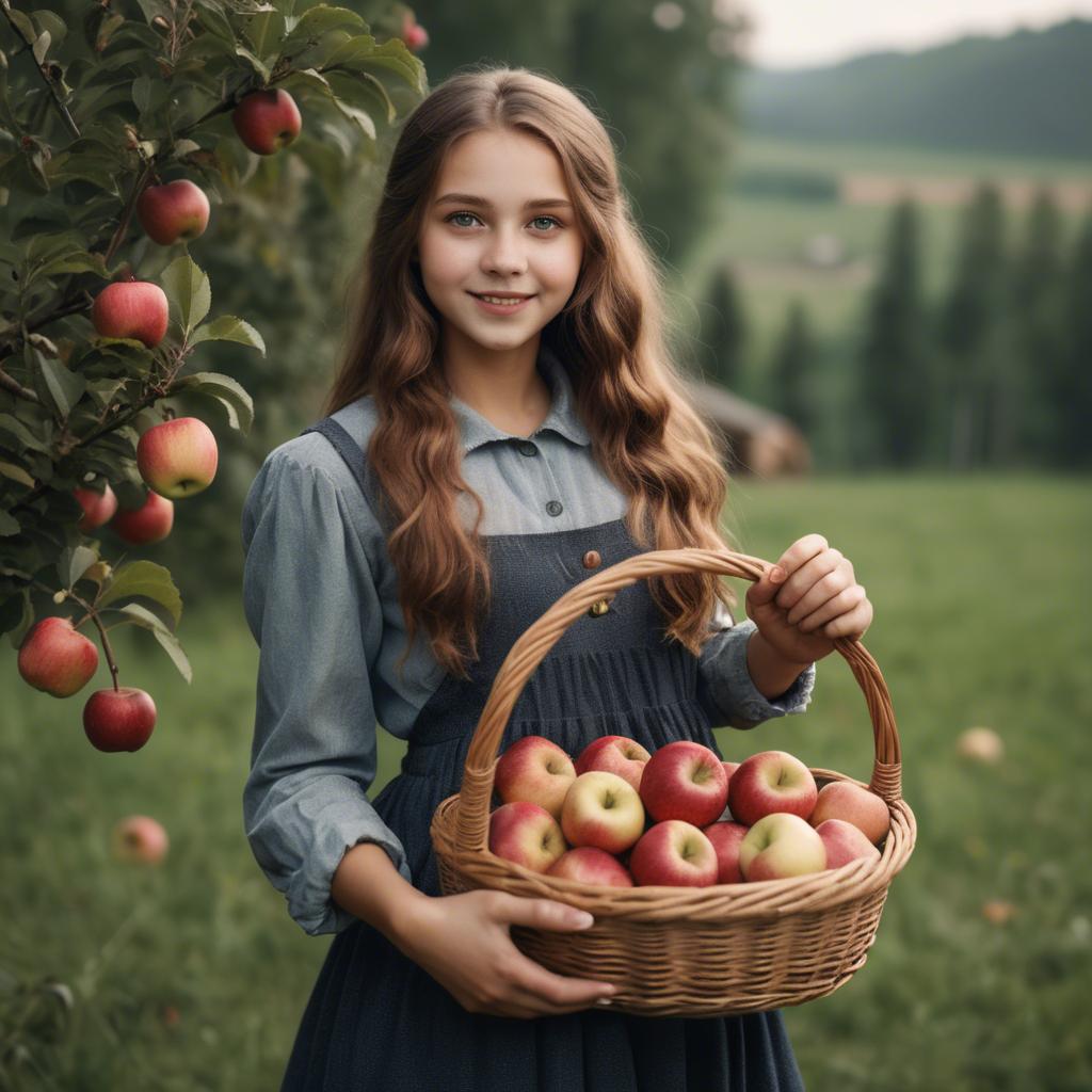 A stunning image of charming rural girl holding a basket of apples.