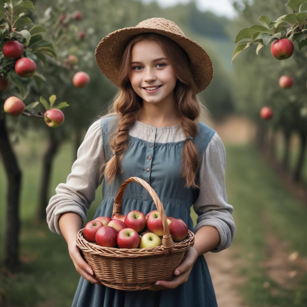 A stunning image of charming rural girl holding a basket of apples.