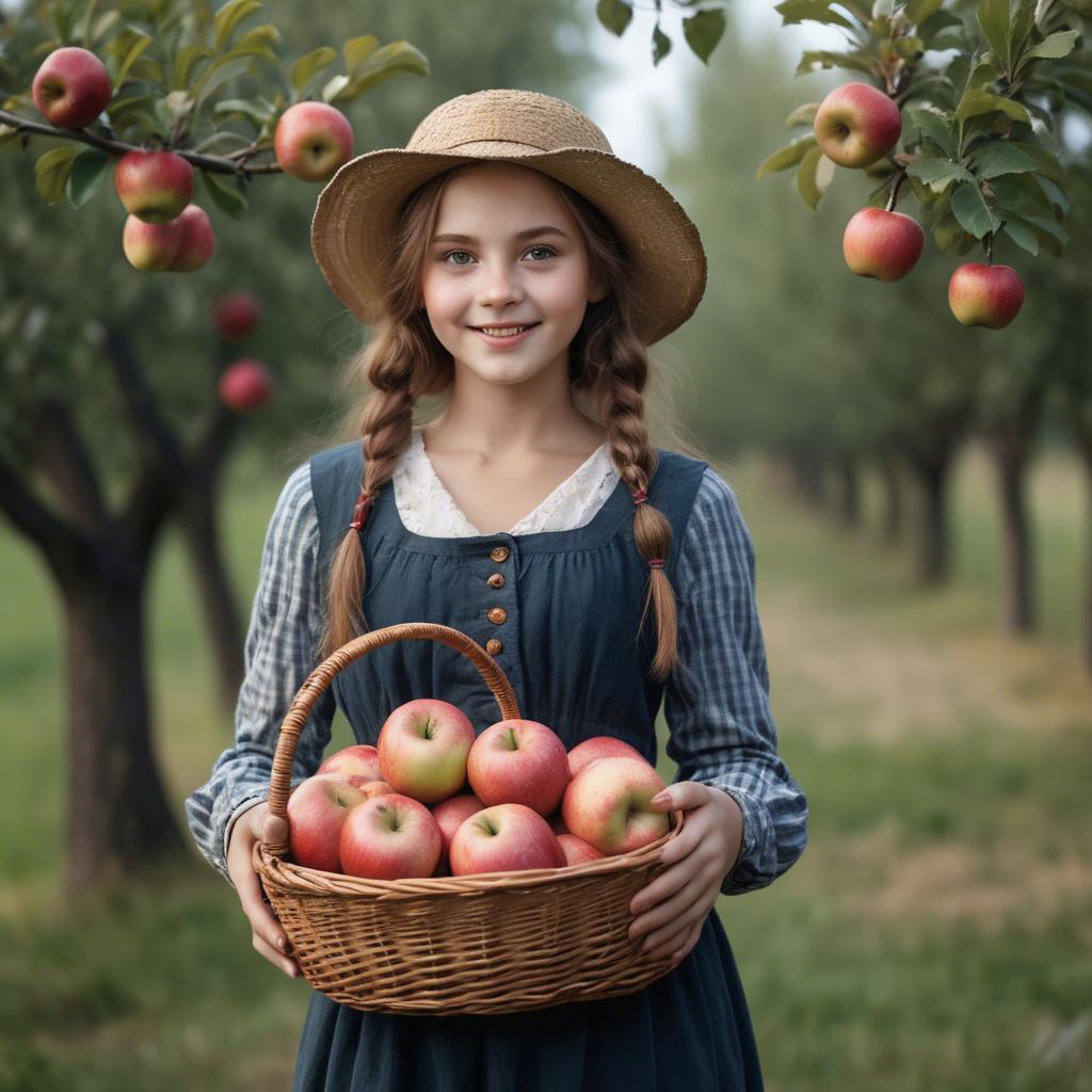 A stunning image of charming rural girl holding a basket of apples.