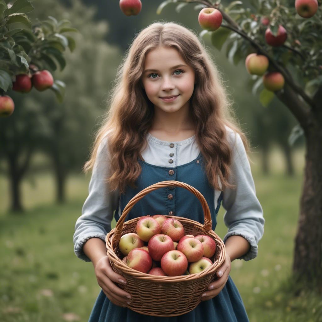 A stunning image of charming rural girl holding a basket of apples.
