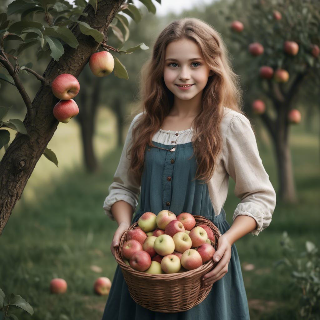 A stunning image of charming rural girl holding a basket of apples.