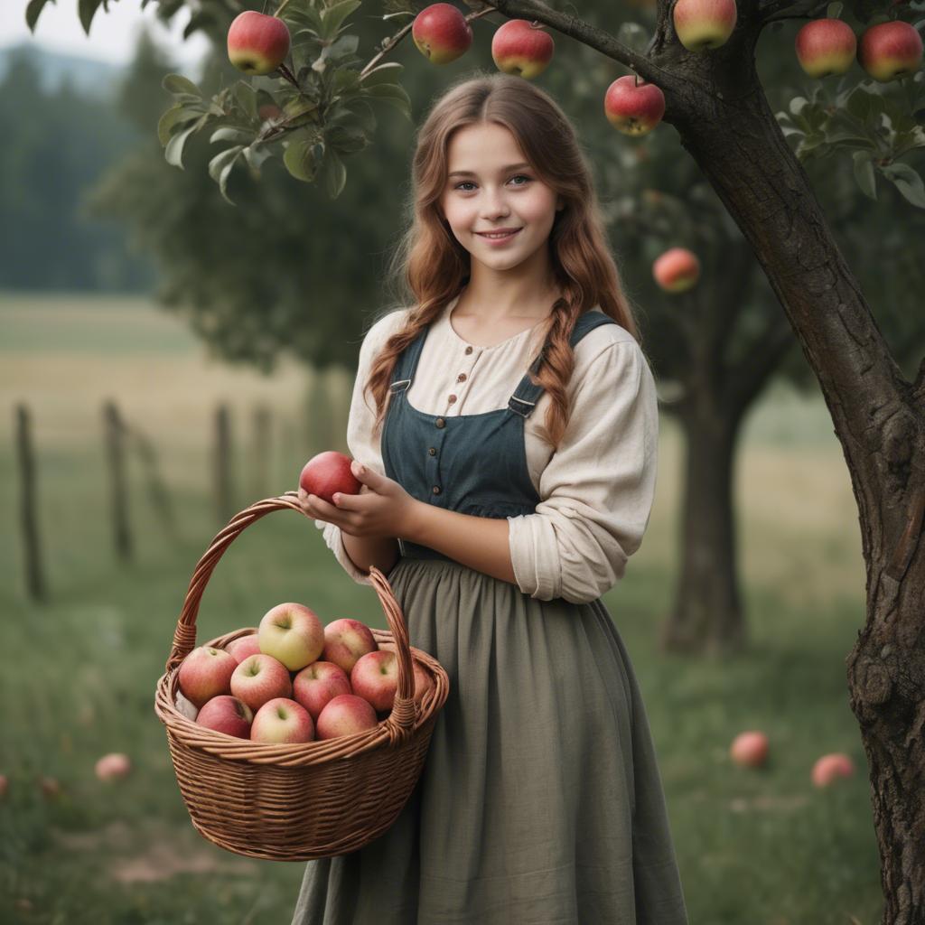 A stunning image of charming rural girl holding a basket of apples.