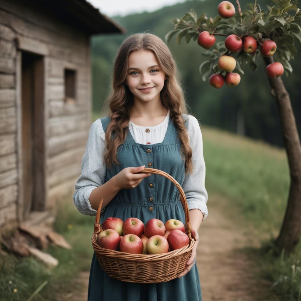 A stunning image of charming rural girl holding a basket of apples.