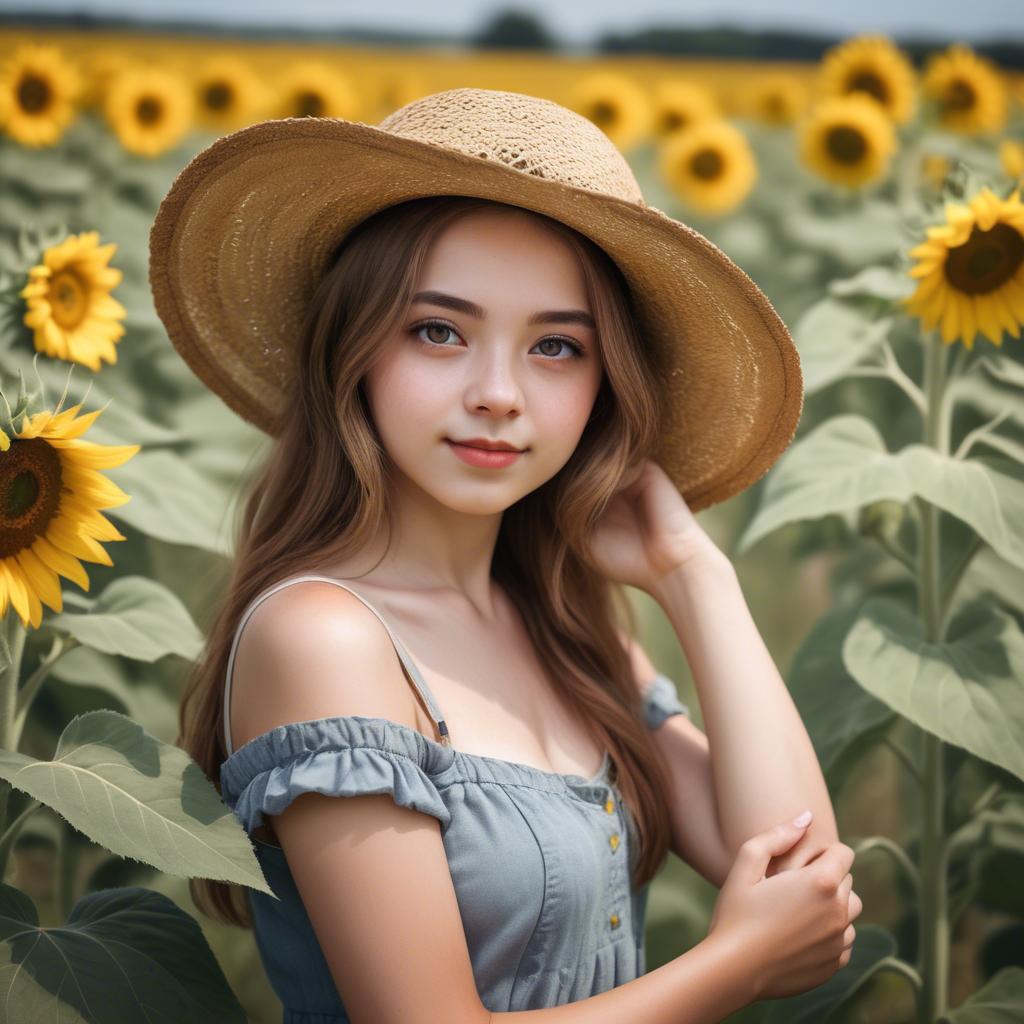 A stunning image of charming rural girl in a sunflower field with a straw hat.