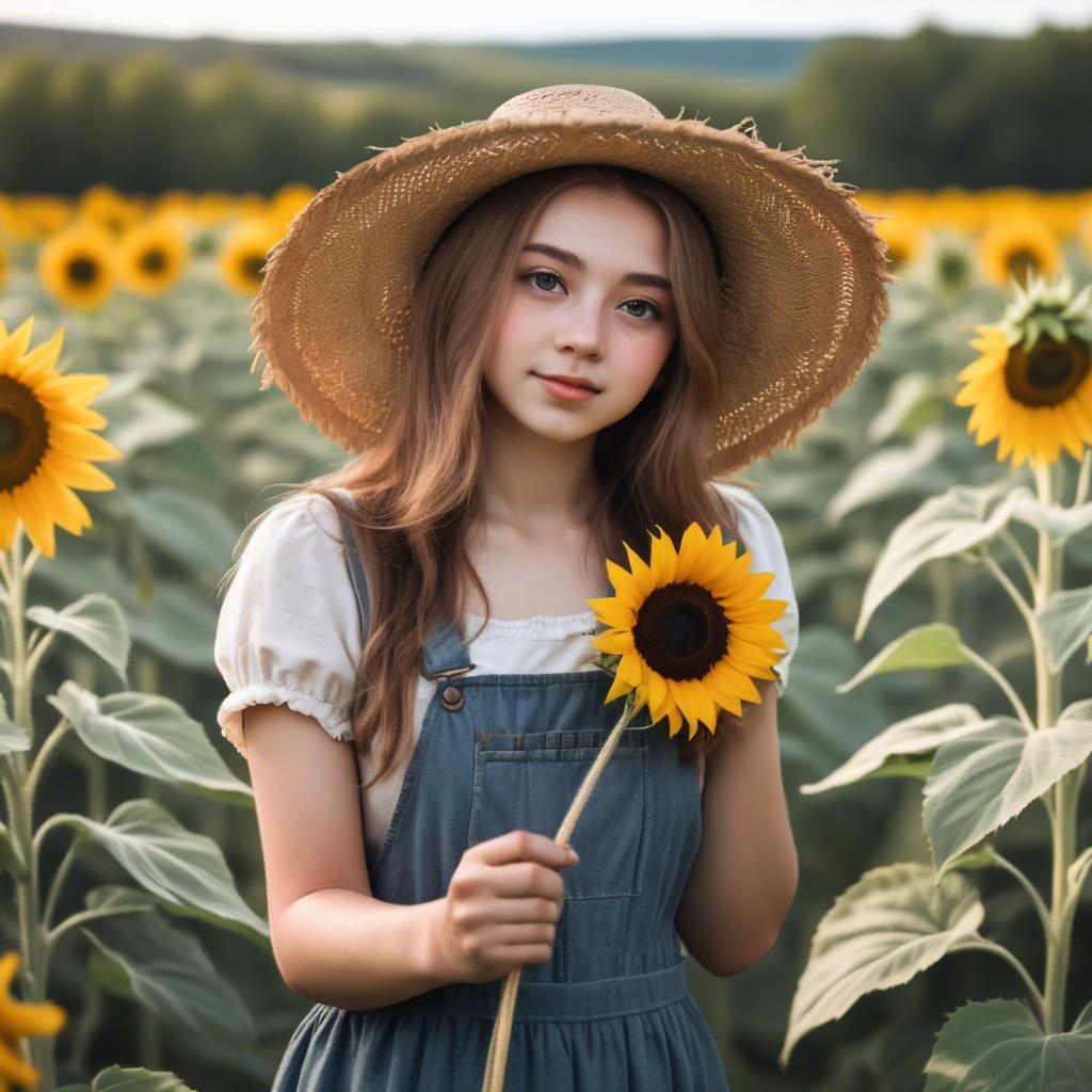 A stunning image of charming rural girl in a sunflower field with a straw hat.