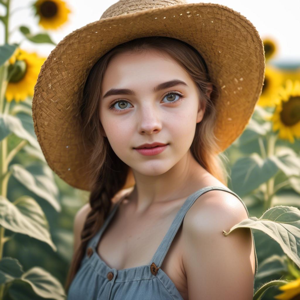 A stunning image of charming rural girl in a sunflower field with a straw hat.