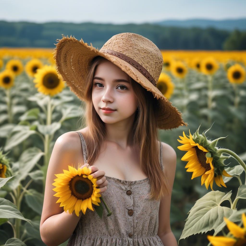 A stunning image of charming rural girl in a sunflower field with a straw hat.