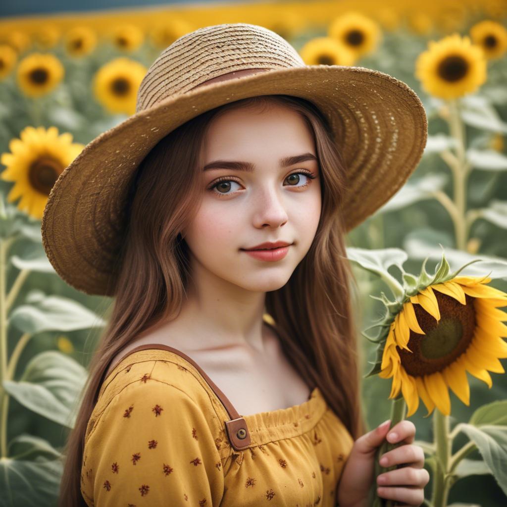 A stunning image of charming rural girl in a sunflower field with a straw hat.