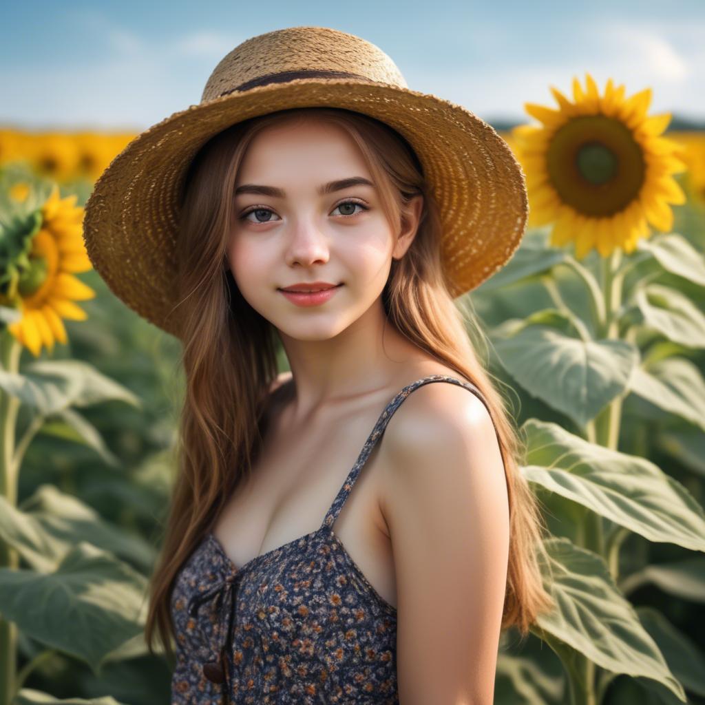 A stunning image of charming rural girl in a sunflower field with a straw hat.