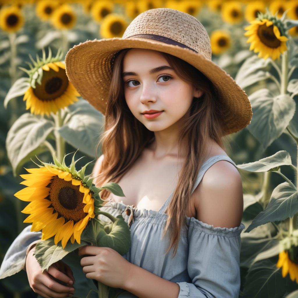 A stunning image of charming rural girl in a sunflower field with a straw hat.