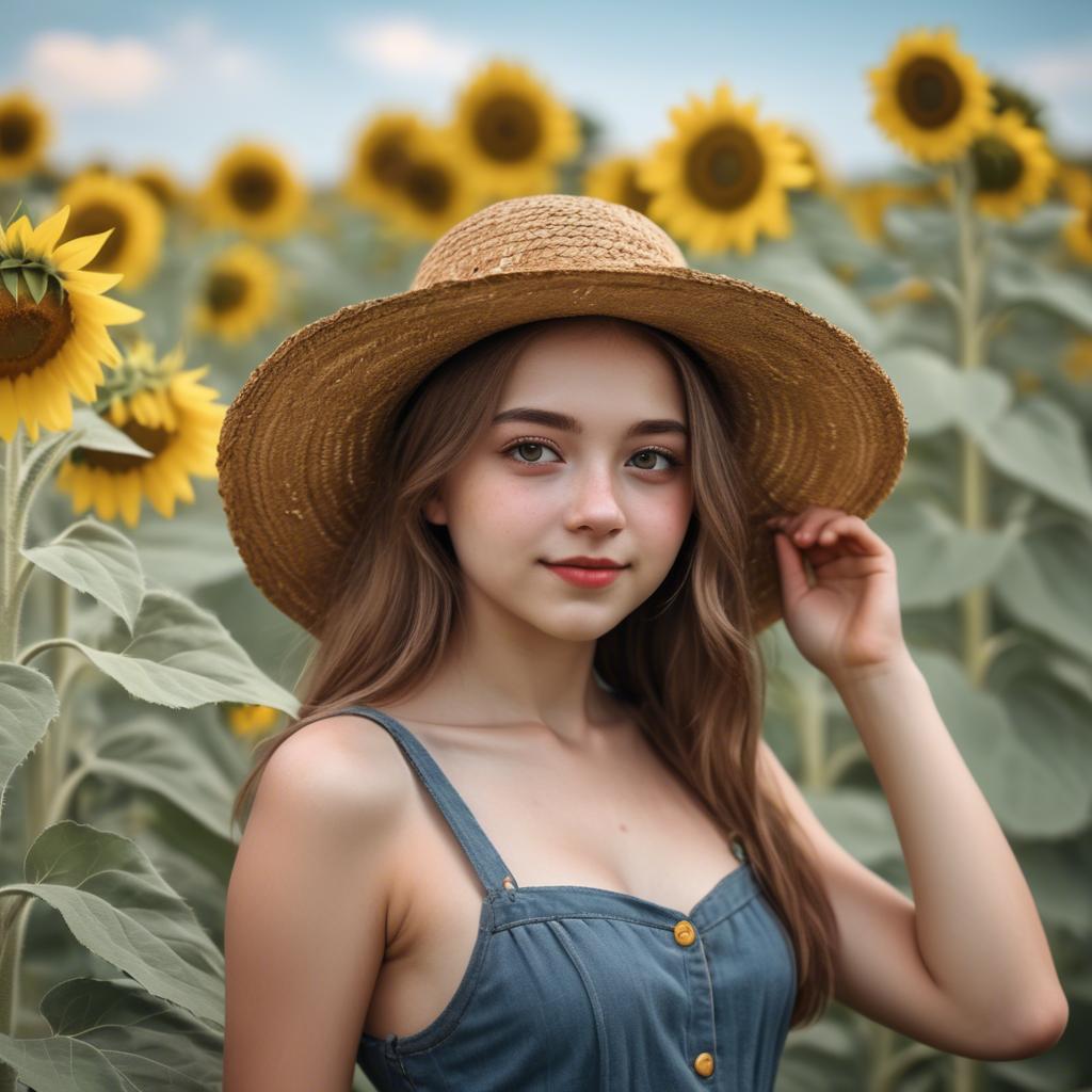 A stunning image of charming rural girl in a sunflower field with a straw hat.
