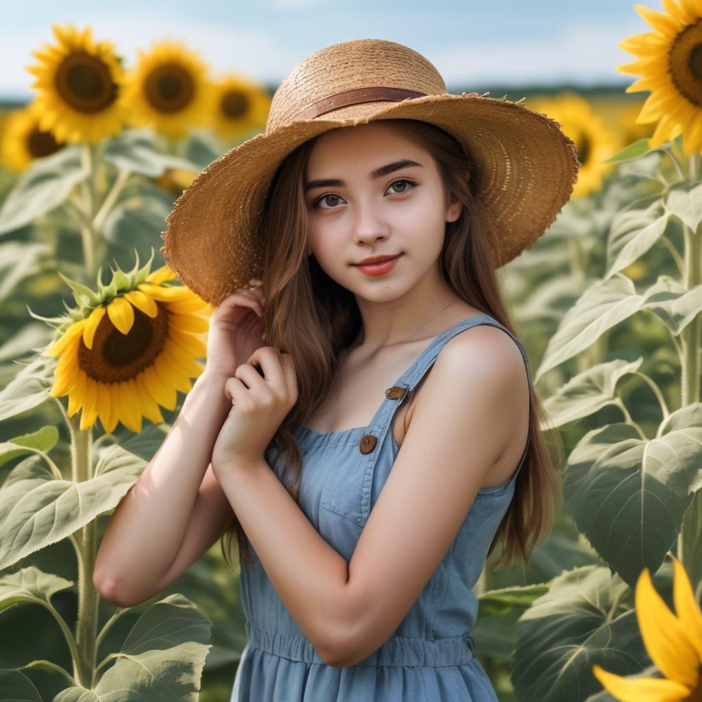 A stunning image of charming rural girl in a sunflower field with a straw hat.