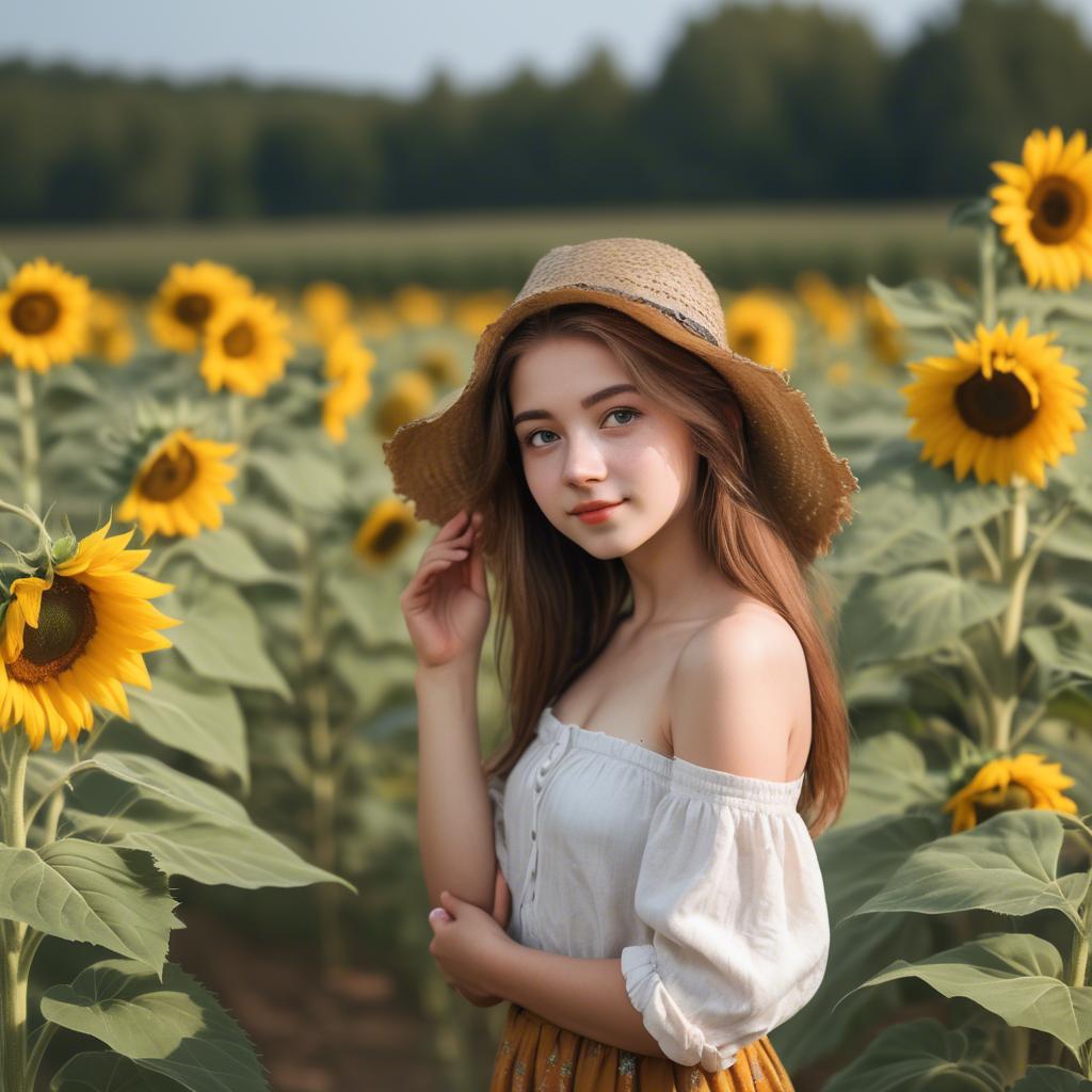 A stunning image of charming rural girl in a sunflower field with a straw hat.