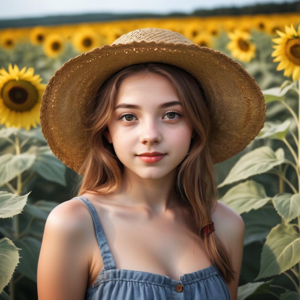 A stunning image of charming rural girl in a sunflower field with a straw hat.