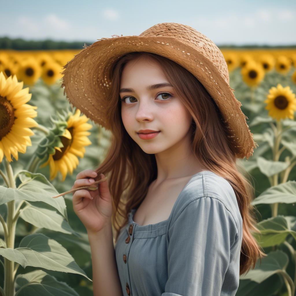 A stunning image of charming rural girl in a sunflower field with a straw hat.