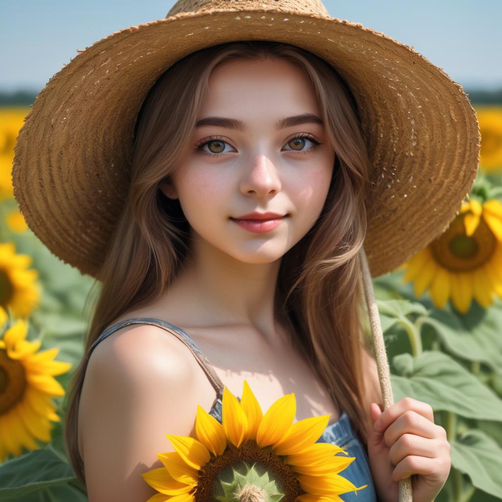 A stunning image of charming rural girl in a sunflower field with a straw hat.