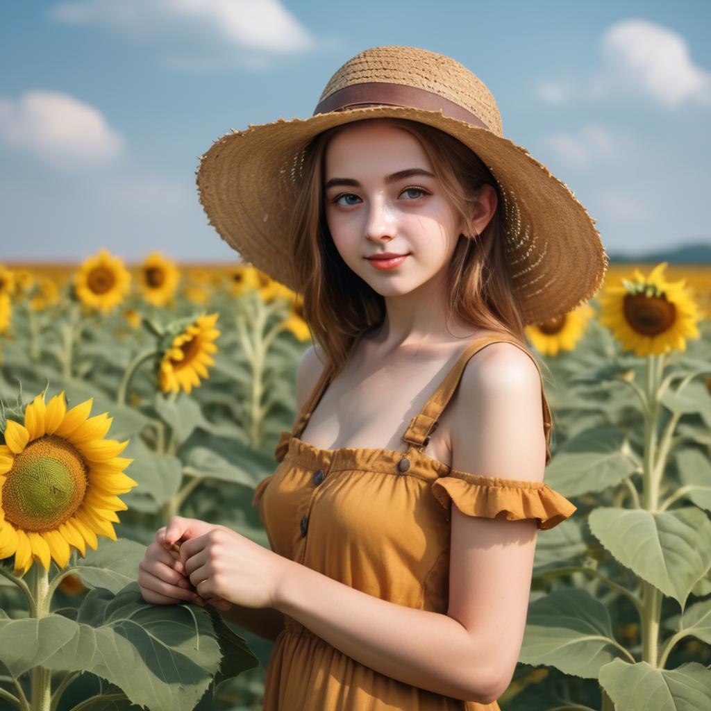 A stunning image of charming rural girl in a sunflower field with a straw hat.
