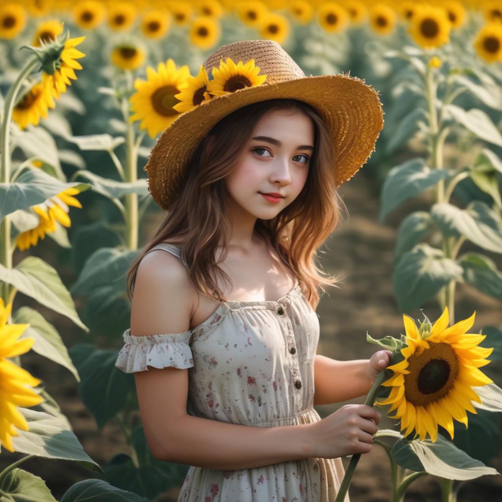 A stunning image of charming rural girl in a sunflower field with a straw hat.