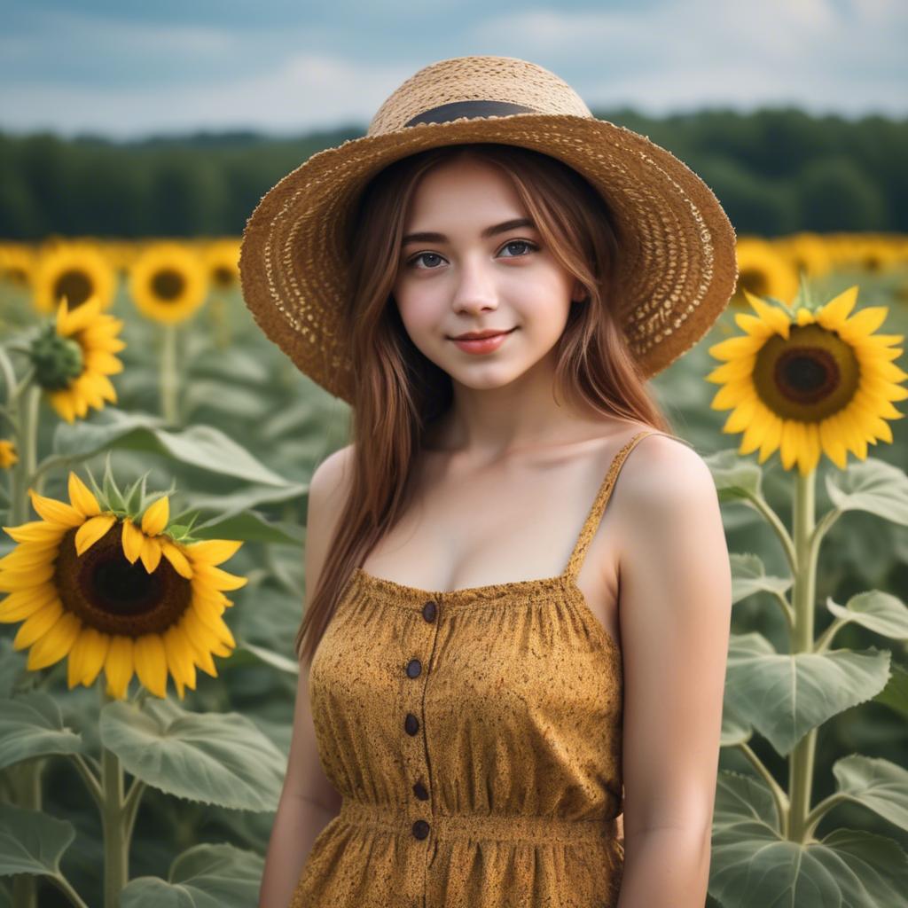 A stunning image of charming rural girl in a sunflower field with a straw hat.