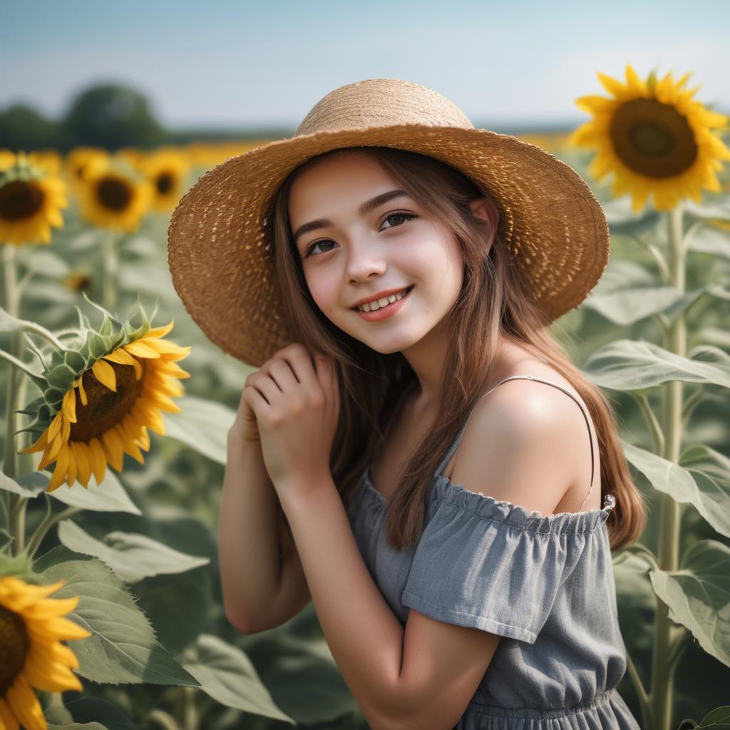 A stunning image of charming rural girl in a sunflower field with a straw hat.