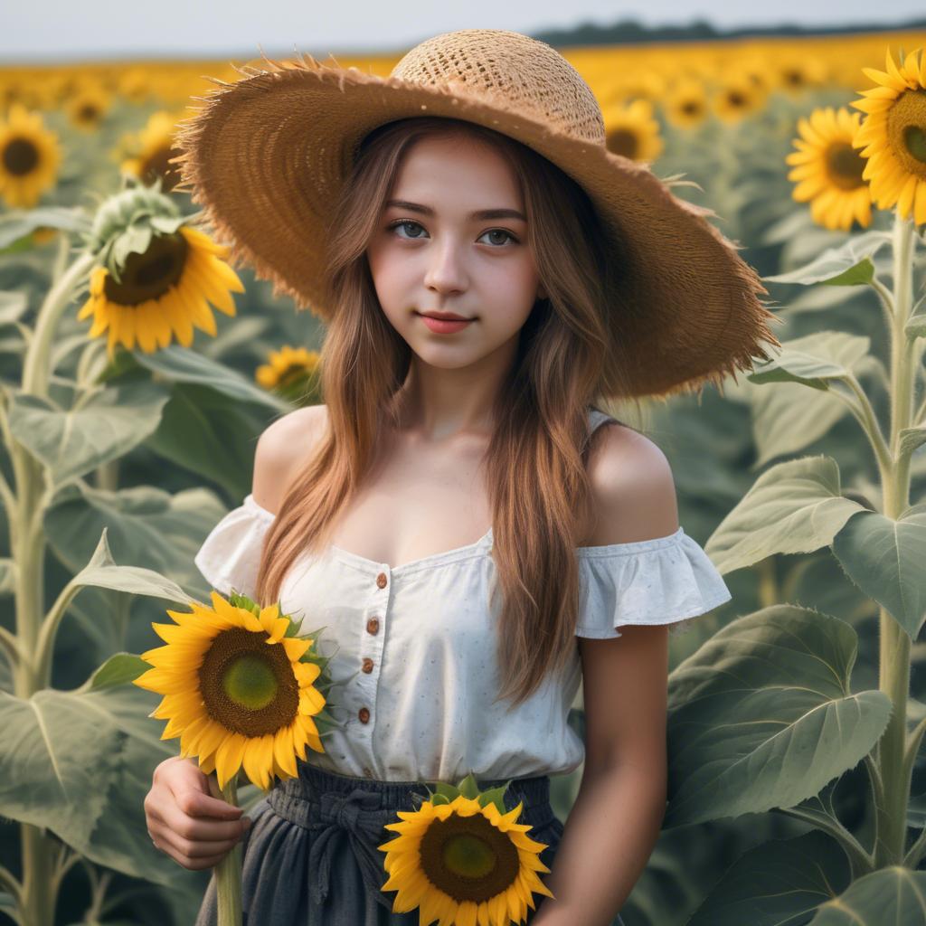 A stunning image of charming rural girl in a sunflower field with a straw hat.