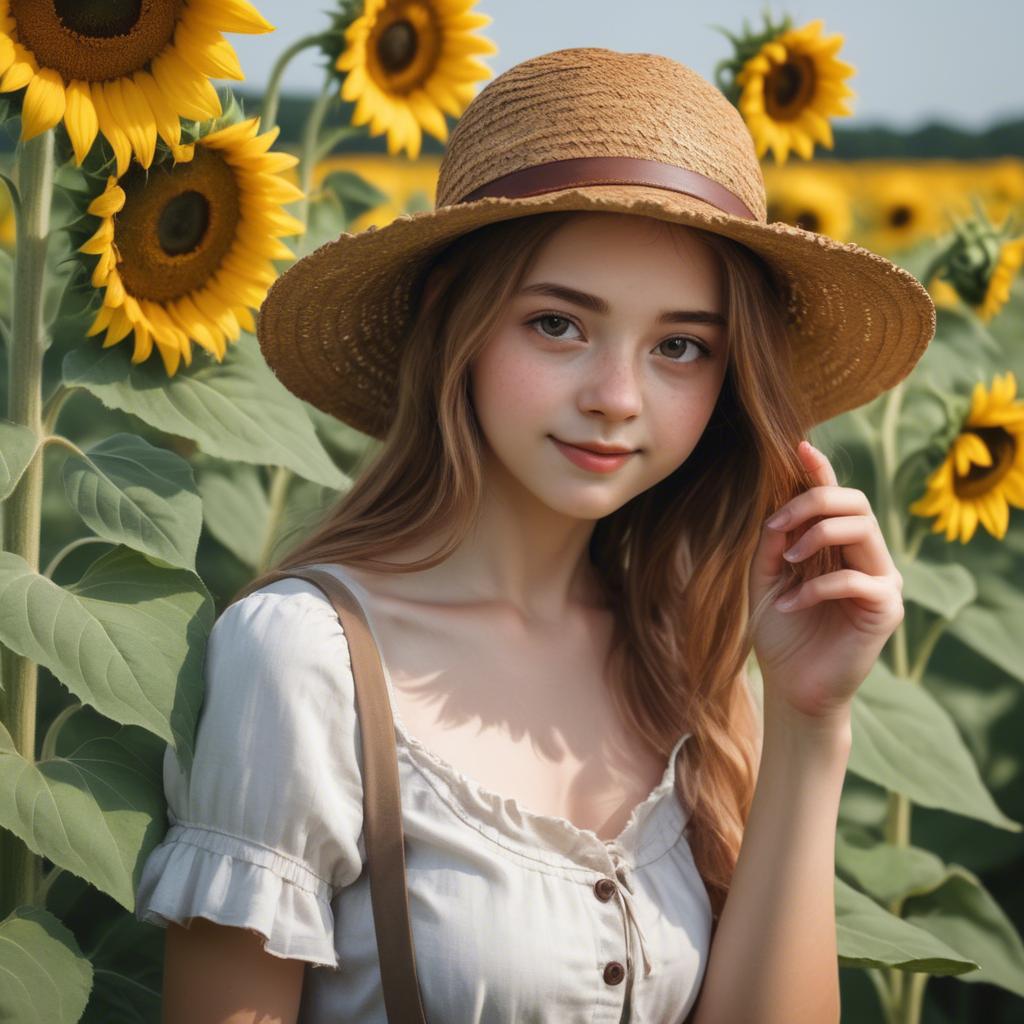 A stunning image of charming rural girl in a sunflower field with a straw hat.