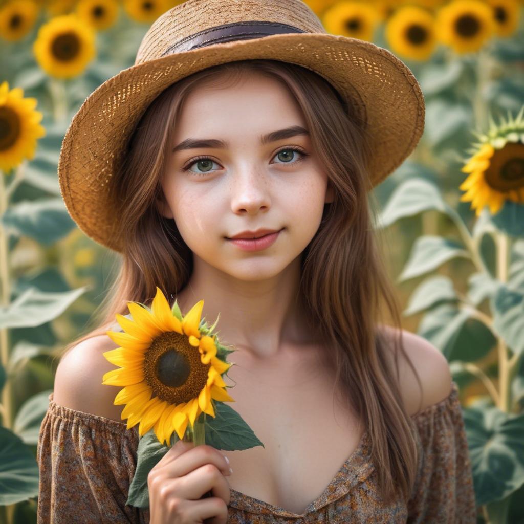 A stunning image of charming rural girl in a sunflower field with a straw hat.