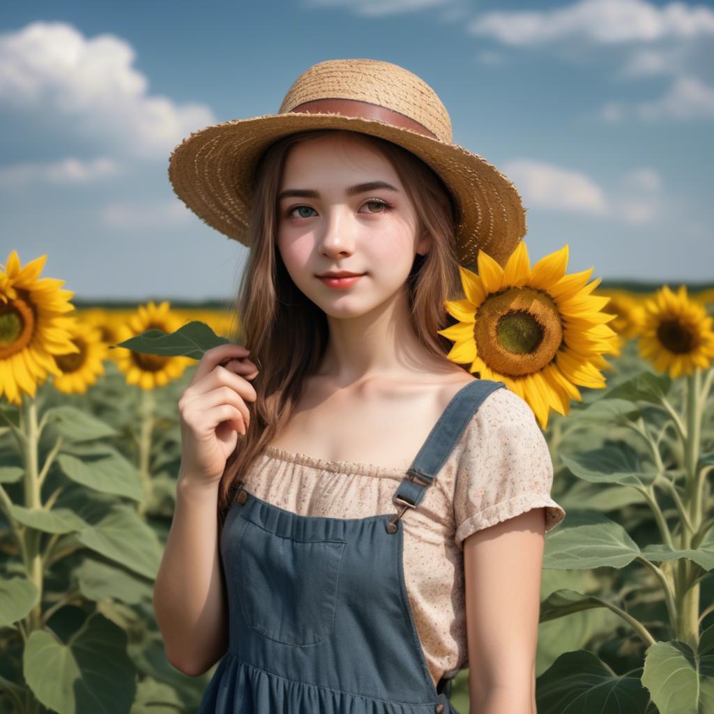 A stunning image of charming rural girl in a sunflower field with a straw hat.