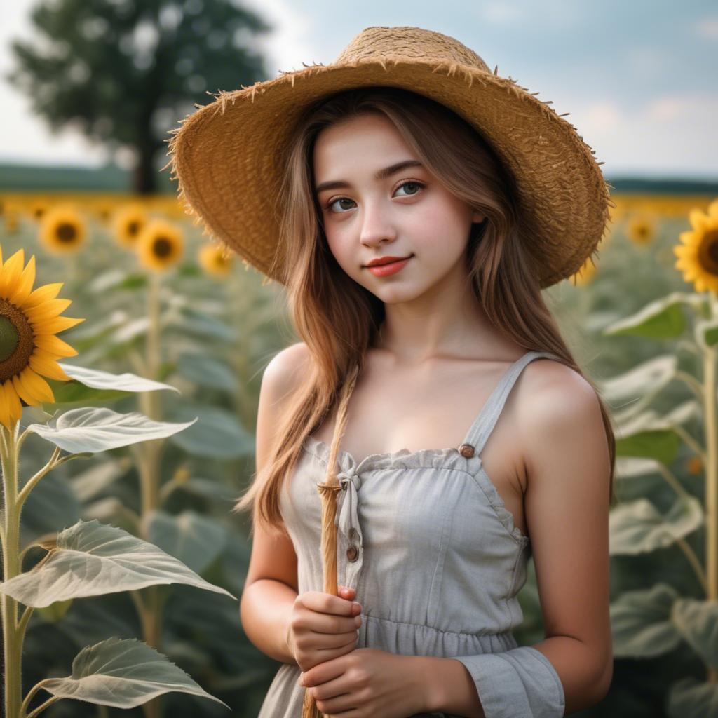A stunning image of charming rural girl in a sunflower field with a straw hat.
