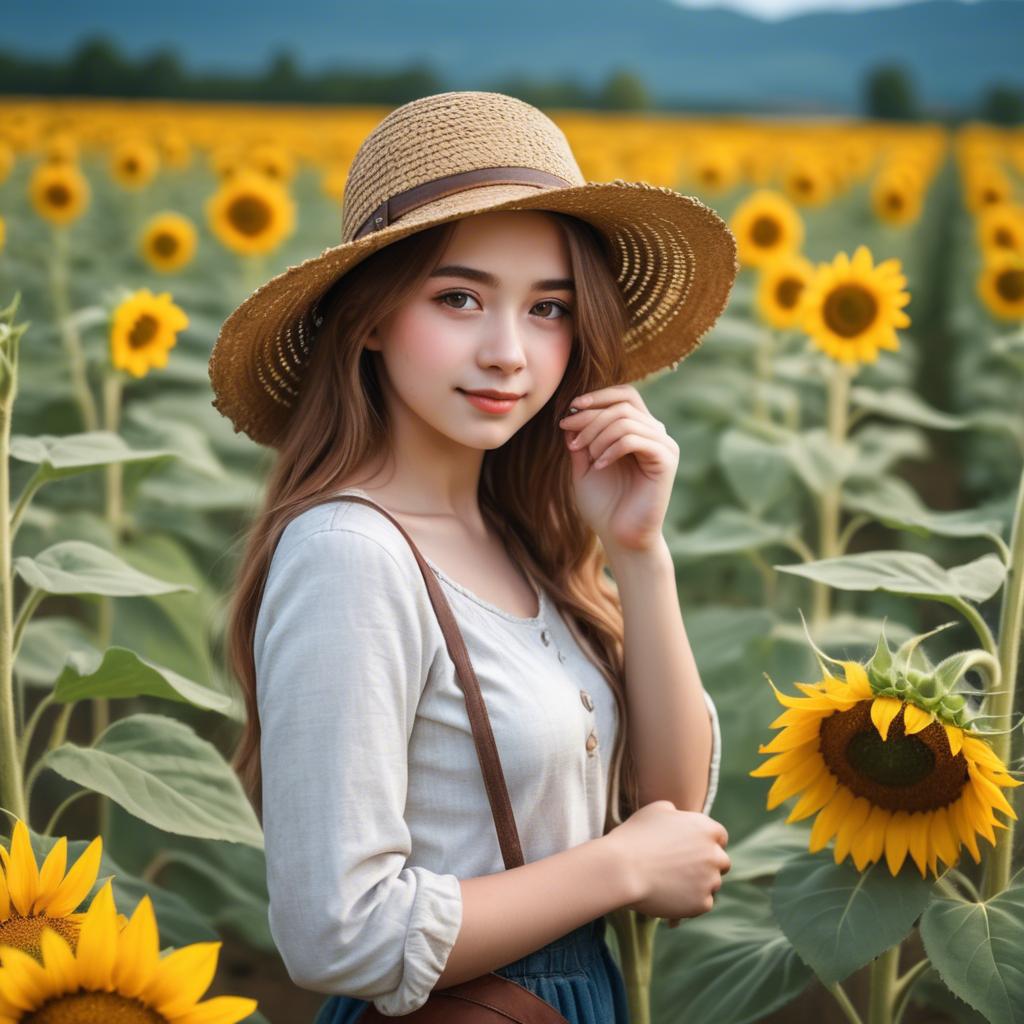 A stunning image of charming rural girl in a sunflower field with a straw hat.