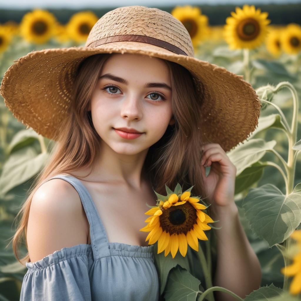 A stunning image of charming rural girl in a sunflower field with a straw hat.