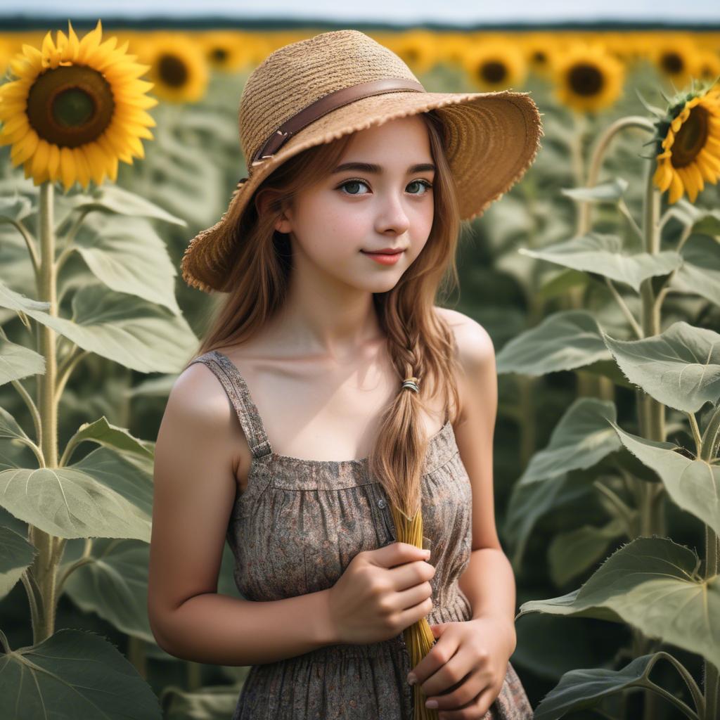 A stunning image of charming rural girl in a sunflower field with a straw hat.
