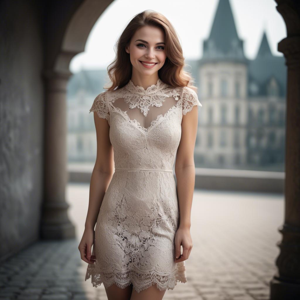 A stunning image of charming woman in a lace dress with a mysterious smile.