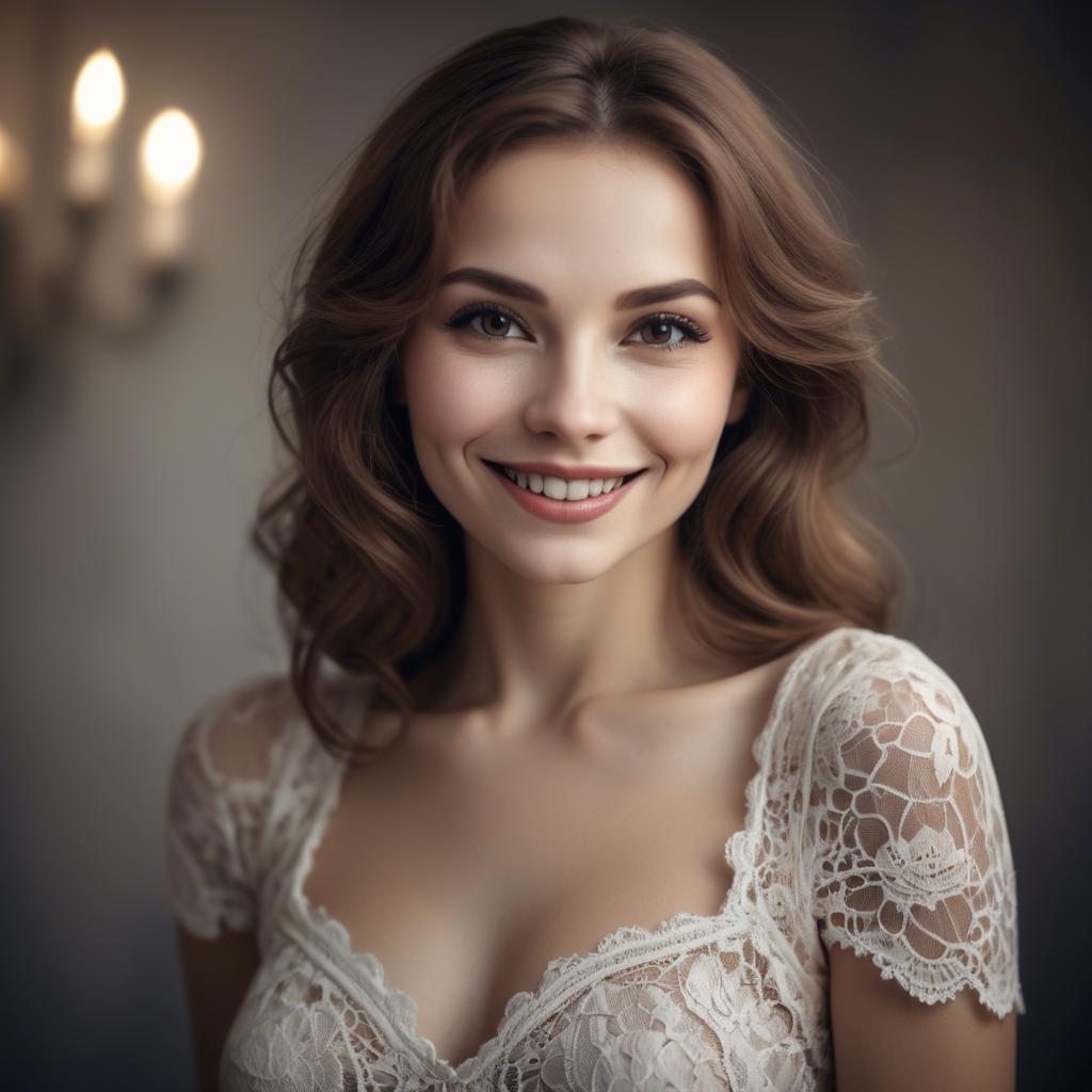 A stunning image of charming woman in a lace dress with a mysterious smile.