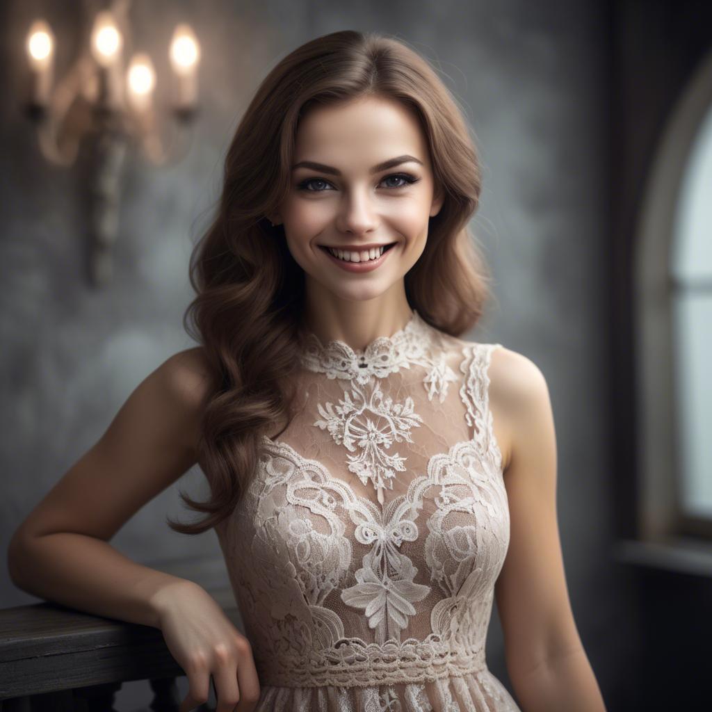 A stunning image of charming woman in a lace dress with a mysterious smile.