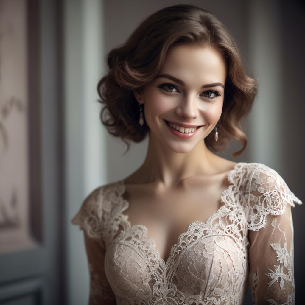 A stunning image of charming woman in a lace dress with a mysterious smile.