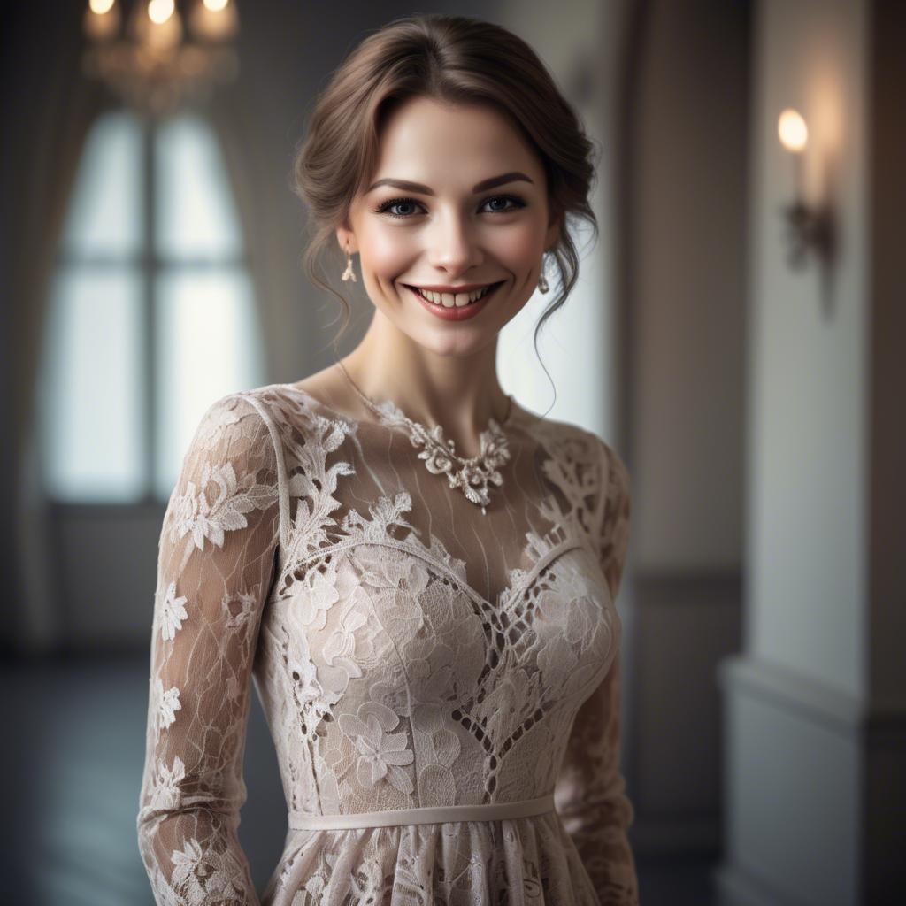 A stunning image of charming woman in a lace dress with a mysterious smile.
