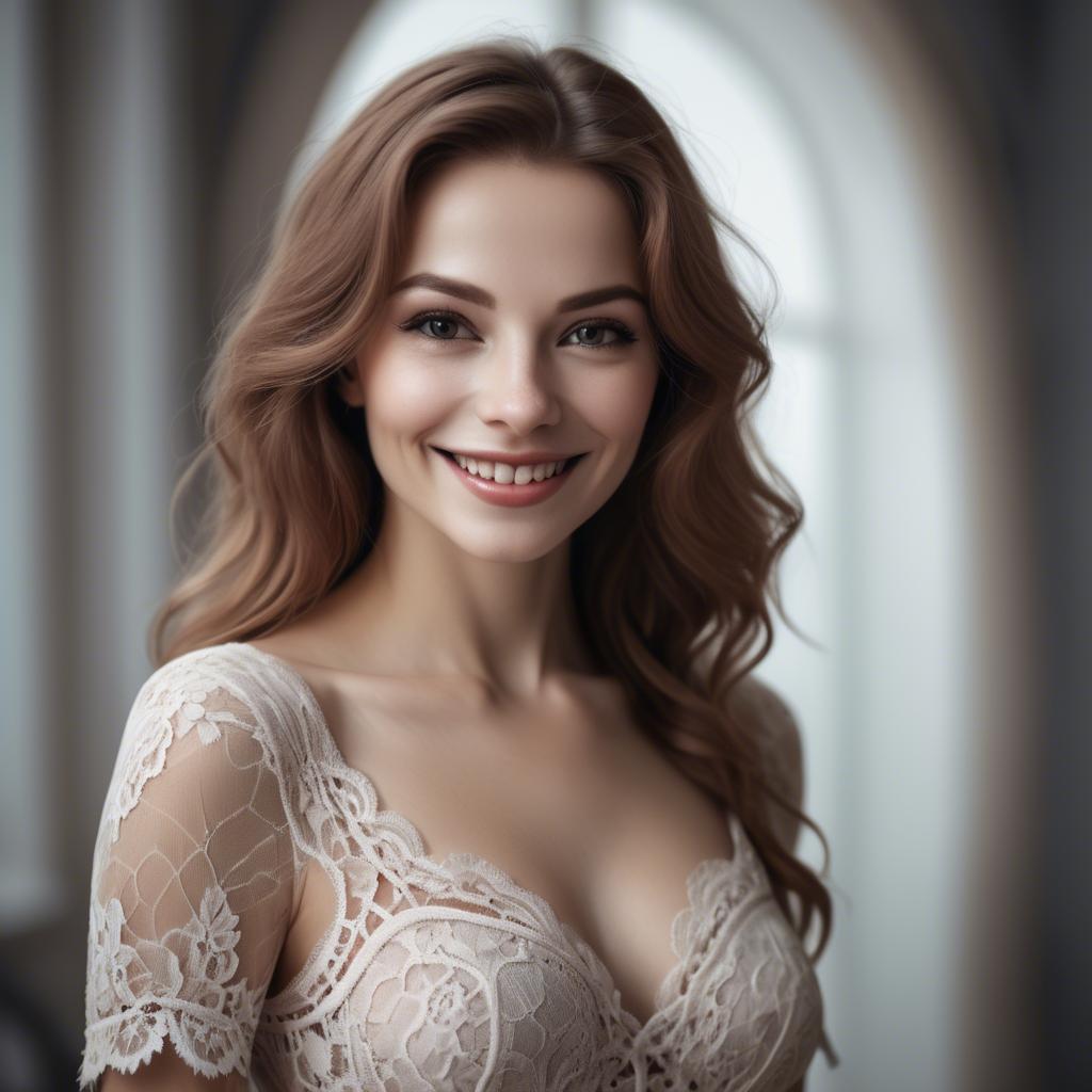 A stunning image of charming woman in a lace dress with a mysterious smile.